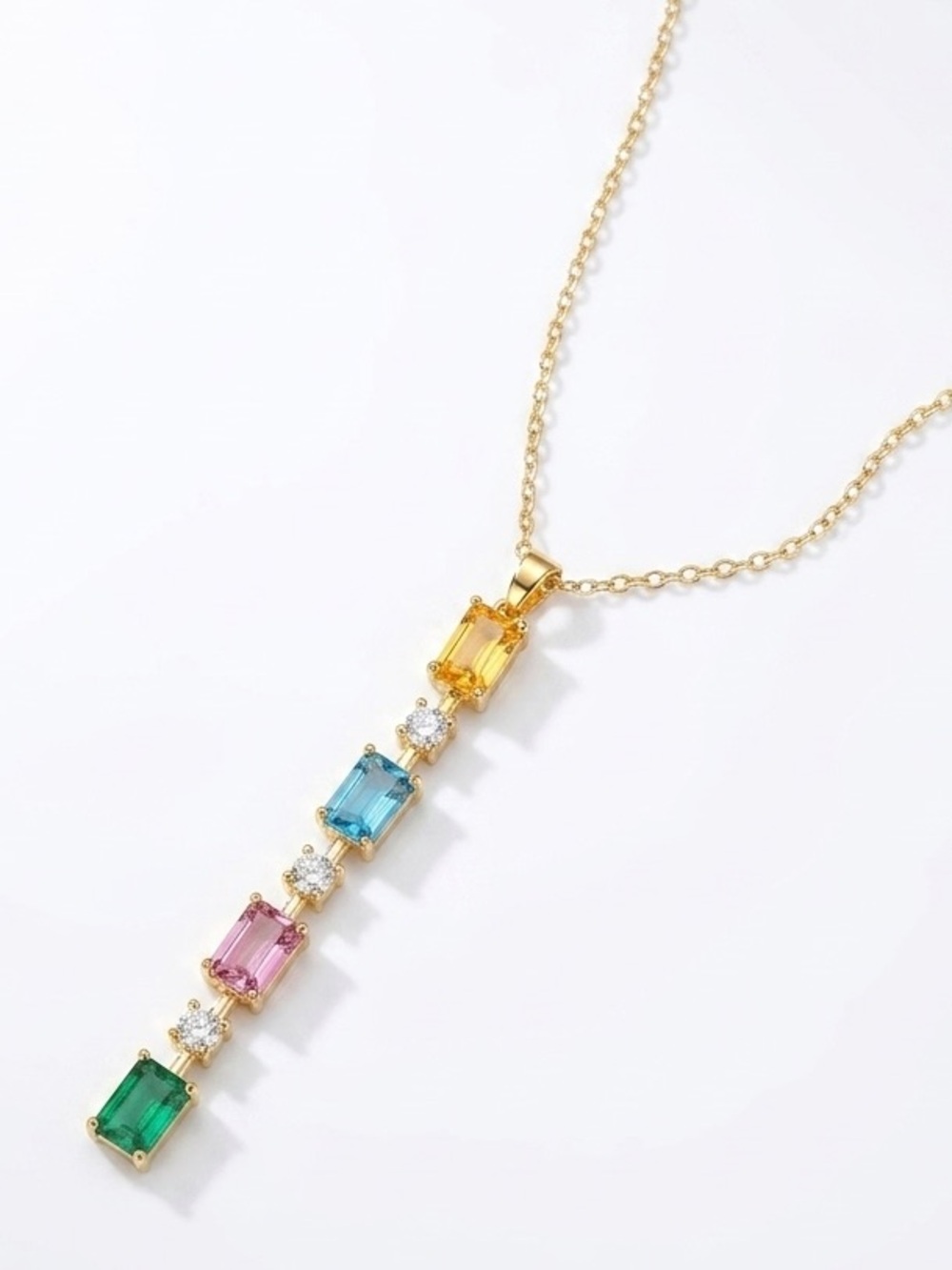 Vibrant Multi-Color Crystal Linear Drop Necklace - 14K Gold Plated